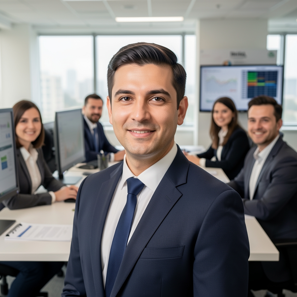 Promium ofisinde çalışan beş kişilik muhasebe analisti ekibi, açık plan modern ofis ortamında büyük monitörler ve finansal tablolar çevresinde toplantı yapıyor