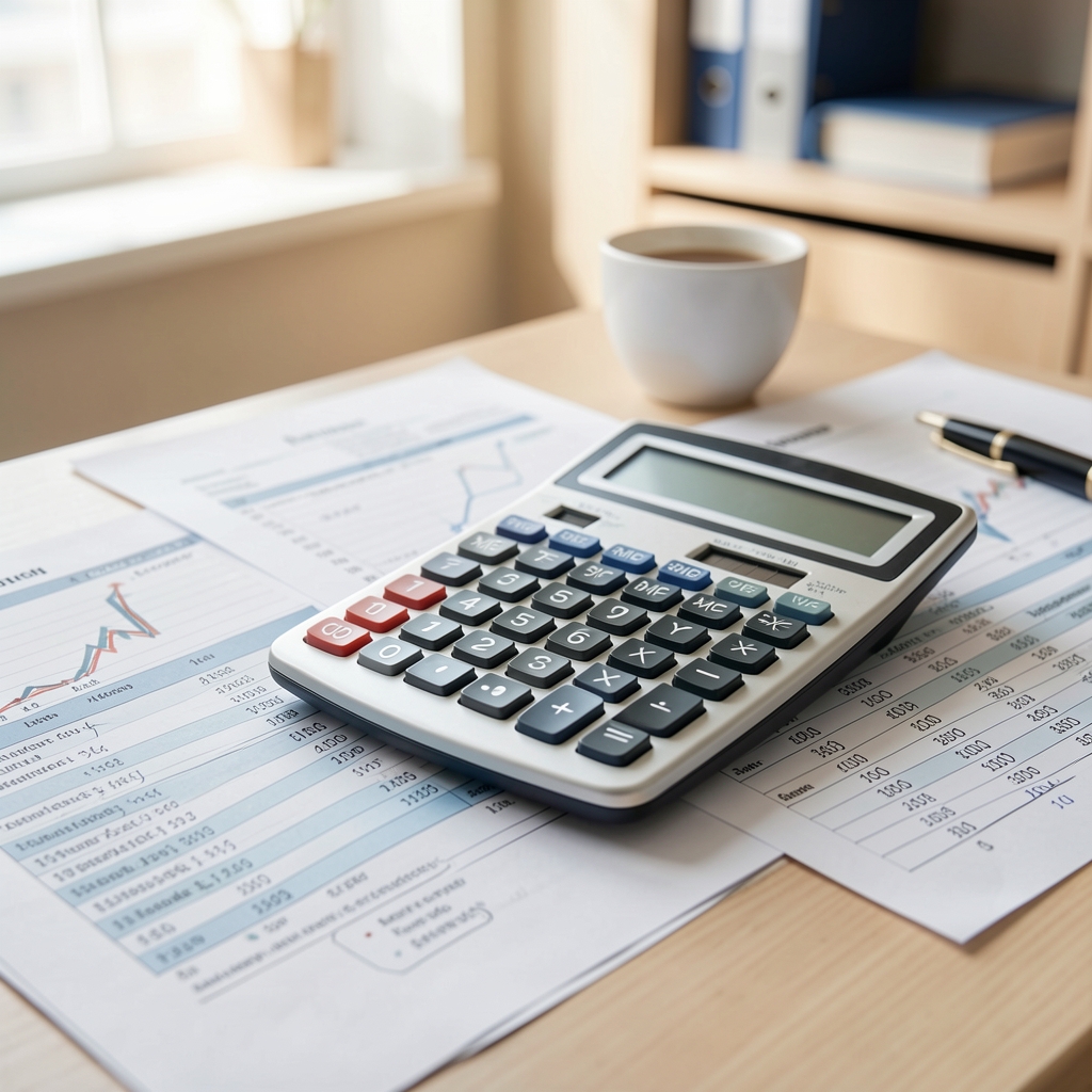Finansal tabloların ve dönemsel muhasebe raporlarının üretim maliyeti hesaplamaları için kullanıldığı bir maliyet muhasebesi çalışması, hesap makinesi ve tablolar