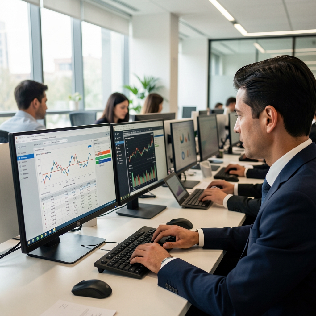 Modern ofis ortamında finansal tabloları ve grafikleri inceleyen profesyonel muhasebeciler, bilgisayar ekranlarında muhasebe yazılımı açık