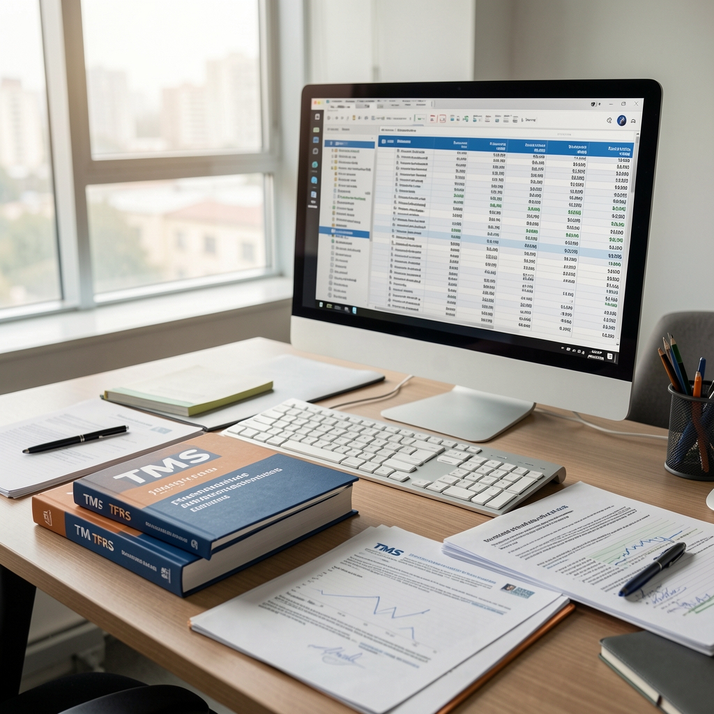 Ofis masasında TMS ve TFRS standart kitapları, finansal raporlama çalışmaları, bilgisayar ekranında konsolide bilanço tabloları, çevresinde notlar ve imzalı belgeler